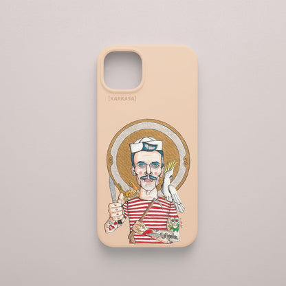 Funda KARKASA rosa nude con ilustración del artista Daniel Buitrón: marinero con camiseta de rayas rojas, sable y una cacatúa blanca al hombro.