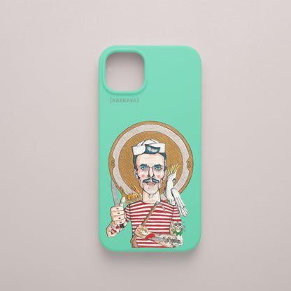 Funda KARKASA verde menta con ilustración del artista Daniel Buitrón: marinero con camiseta de rayas rojas, sable y una cacatúa blanca al hombro.