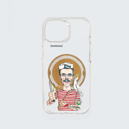 Funda KARKASA transparente antigolpes con ilustración del artista Daniel Buitrón: marinero con camiseta de rayas rojas, sable y una cacatúa blanca al hombro.