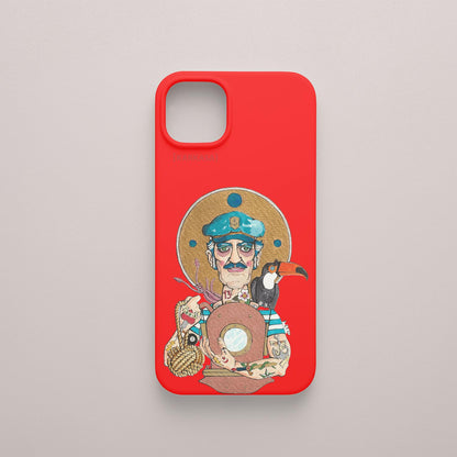 Funda KARKASA roja con ilustración del artista Daniel Buitrón: marinero con camiseta de rayas azules, un tucán en el hombro y sosteniendo un donut.