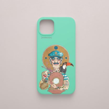 Funda KARKASA verde menta con ilustración del artista Daniel Buitrón: marinero con camiseta de rayas azules, un tucán en el hombro y sosteniendo un donut.