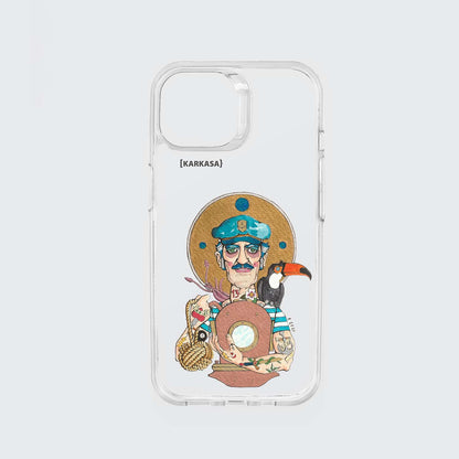 Funda KARKASA transparente antigolpes con ilustración del artista Daniel Buitrón: marinero con camiseta de rayas azules, un tucán en el hombro y sosteniendo un donut.
