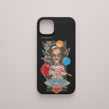Funda KARKASA negra con ilustración del artista Daniel Buitrón: marinero con escafandra de buzo antigua rodeado de planetas y estrellas.