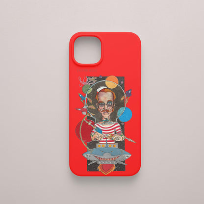 Funda KARKASA roja con ilustración del artista Daniel Buitrón: marinero con escafandra de buzo antigua rodeado de planetas y estrellas.