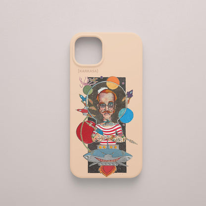 Funda KARKASA rosa nude con ilustración del artista Daniel Buitrón: marinero con escafandra de buzo antigua rodeado de planetas y estrellas.