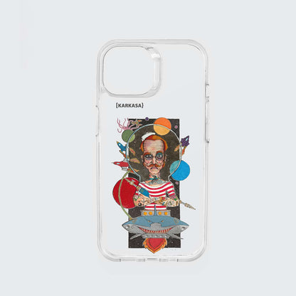 Funda KARKASA transparente antigolpes con ilustración del artista Daniel Buitrón: marinero con escafandra de buzo antigua rodeado de planetas y estrellas.