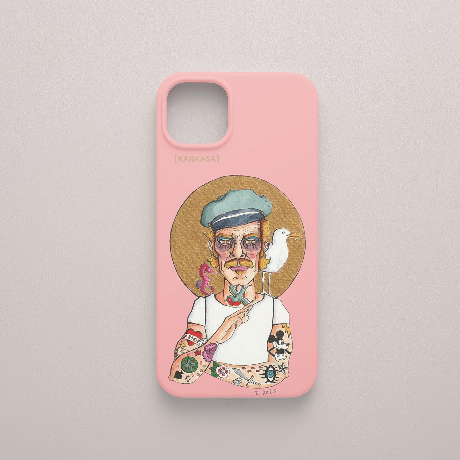 Funda KARKASA rosa chicle con ilustración del artista Daniel Buitrón: marinero tatuado estilo old school con una gaviota en el hombro.