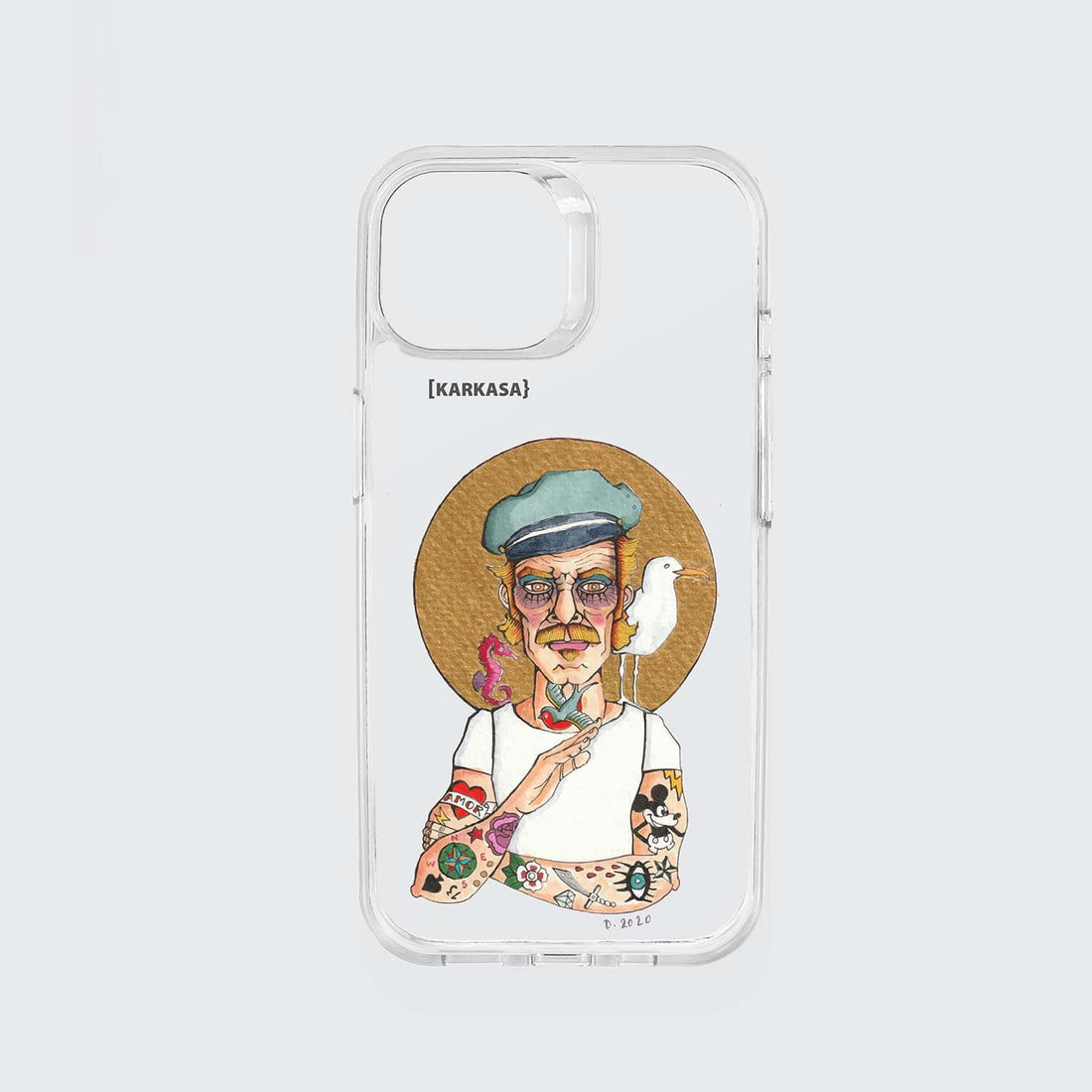 Funda KARKASA transparente reforzada con ilustración del artista Daniel Buitrón: marinero tatuado estilo old school con una gaviota en el hombro.