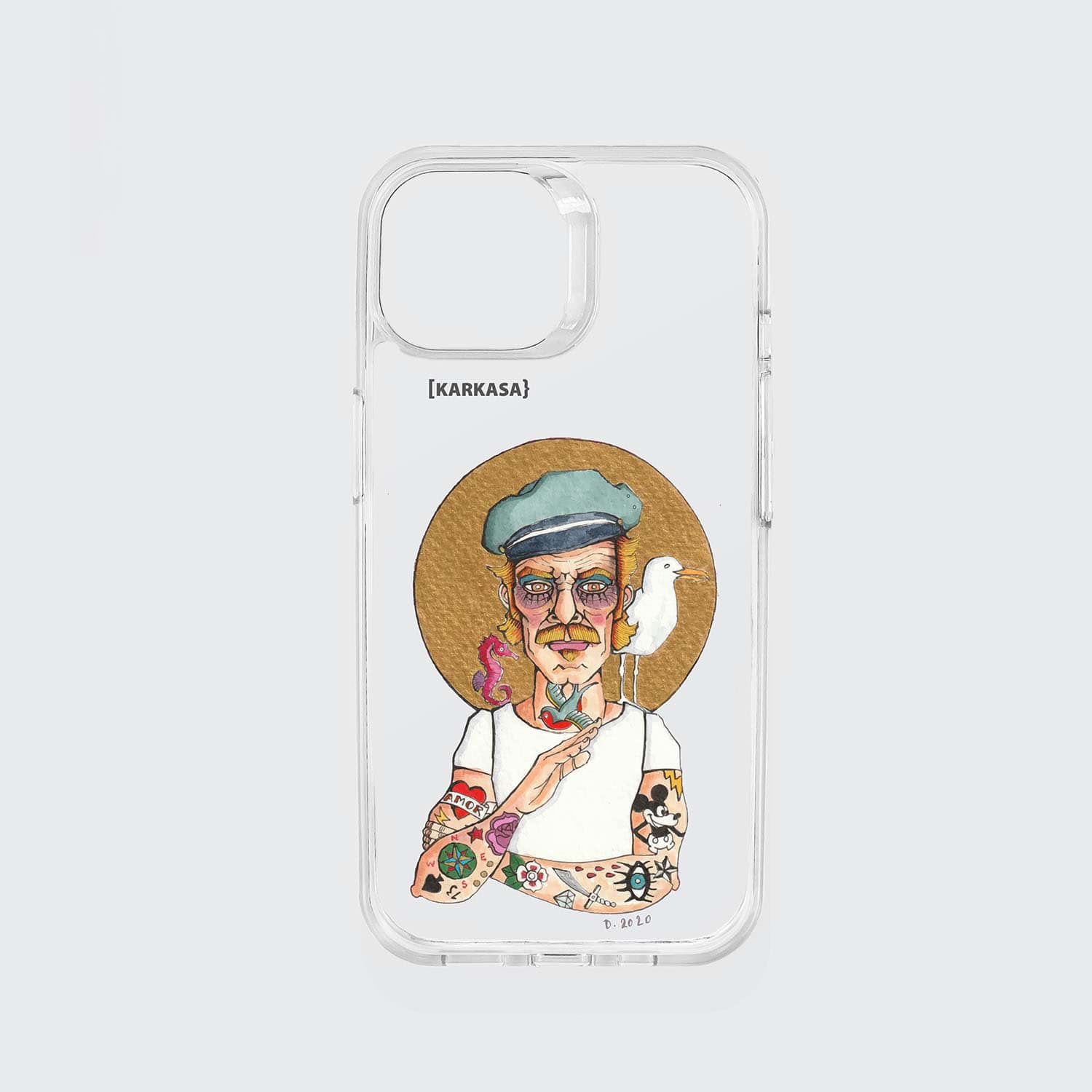 Funda KARKASA transparente reforzada con ilustración del artista Daniel Buitrón: marinero tatuado estilo old school con una gaviota en el hombro.