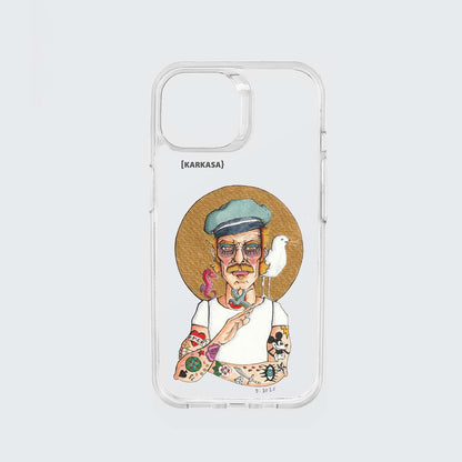 Funda KARKASA transparente reforzada con ilustración del artista Daniel Buitrón: marinero tatuado estilo old school con una gaviota en el hombro.
