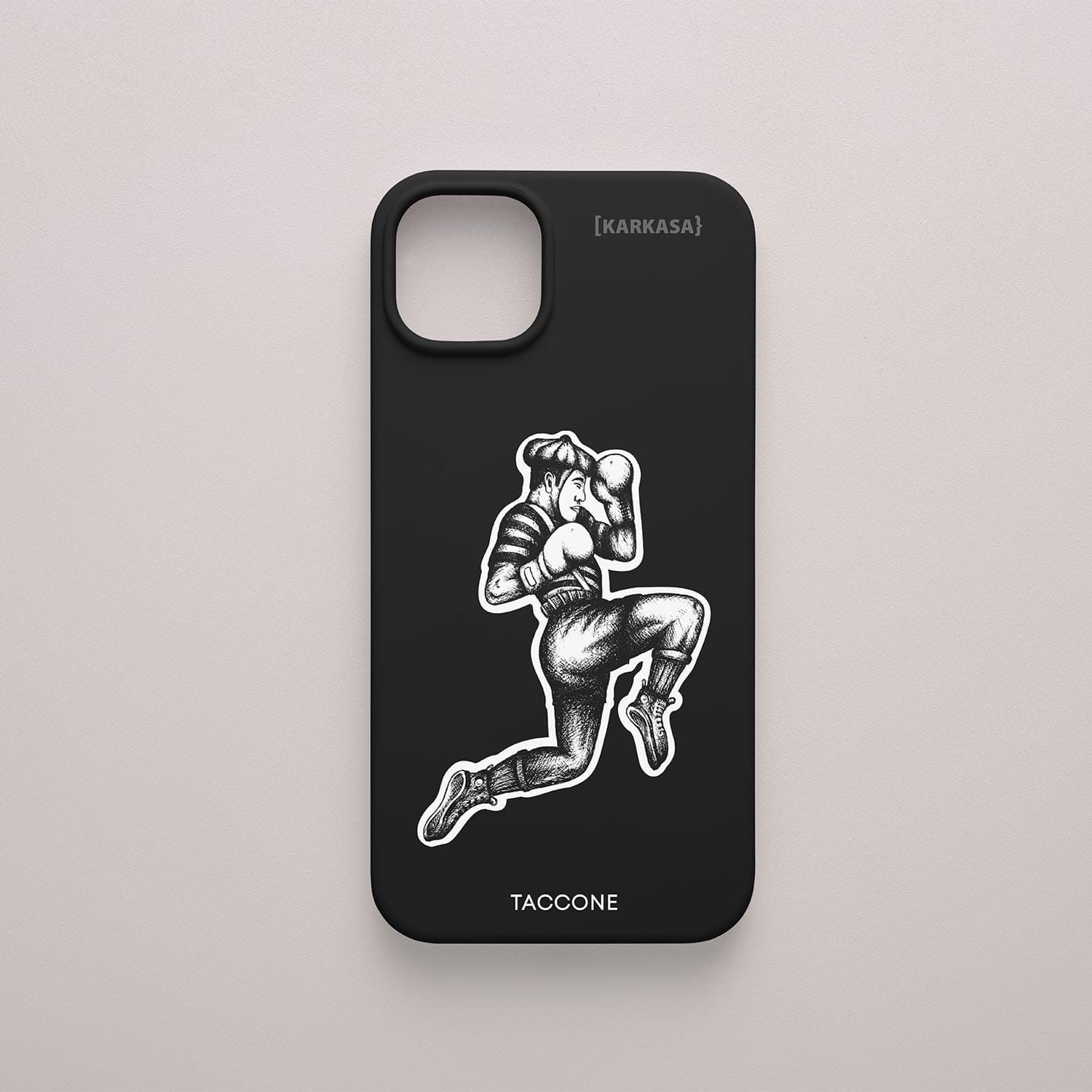 Funda KARKASA negra con ilustración en blanco de un mimo o personaje en movimiento estilo arte urbano, diseño de Gabriel Taccone.
