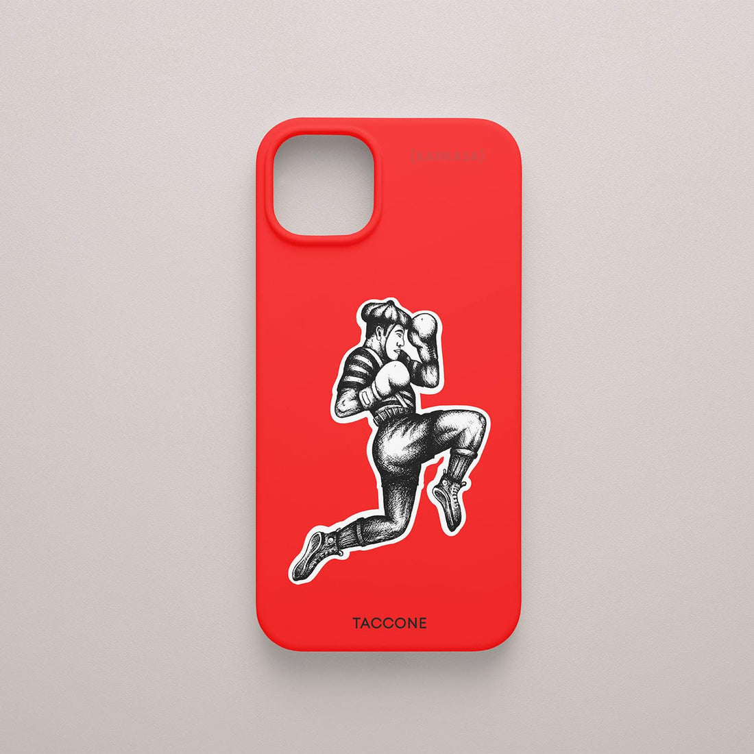 Funda KARKASA roja con ilustración en blanco de un mimo o personaje en movimiento estilo arte urbano, diseño de Gabriel Taccone.