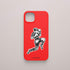 Funda KARKASA roja con ilustración en blanco de un mimo o personaje en movimiento estilo arte urbano, diseño de Gabriel Taccone.