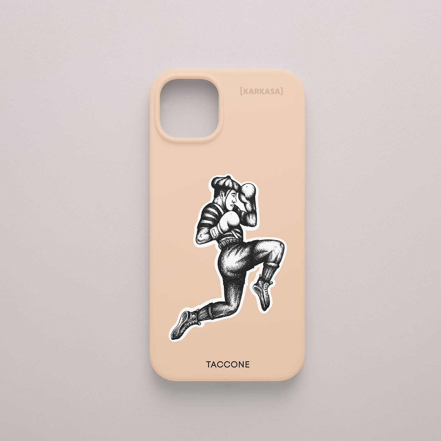 Funda KARKASA rosa nude con ilustración en blanco de un mimo o personaje en movimiento estilo arte urbano, diseño de Gabriel Taccone.
