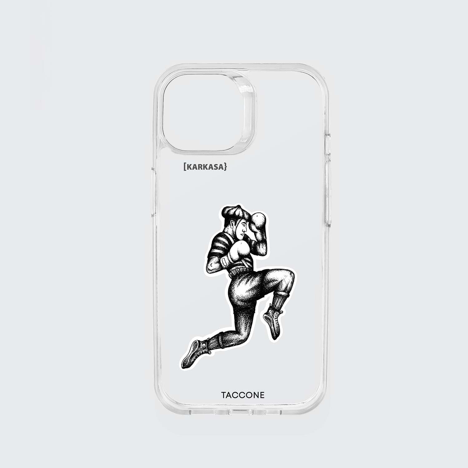 Funda KARKASA transparente antigolpes con ilustración en blanco de un mimo o personaje en movimiento estilo arte urbano, diseño de Gabriel Taccone.