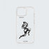 Funda KARKASA transparente antigolpes con ilustración en blanco de un mimo o personaje en movimiento estilo arte urbano, diseño de Gabriel Taccone.