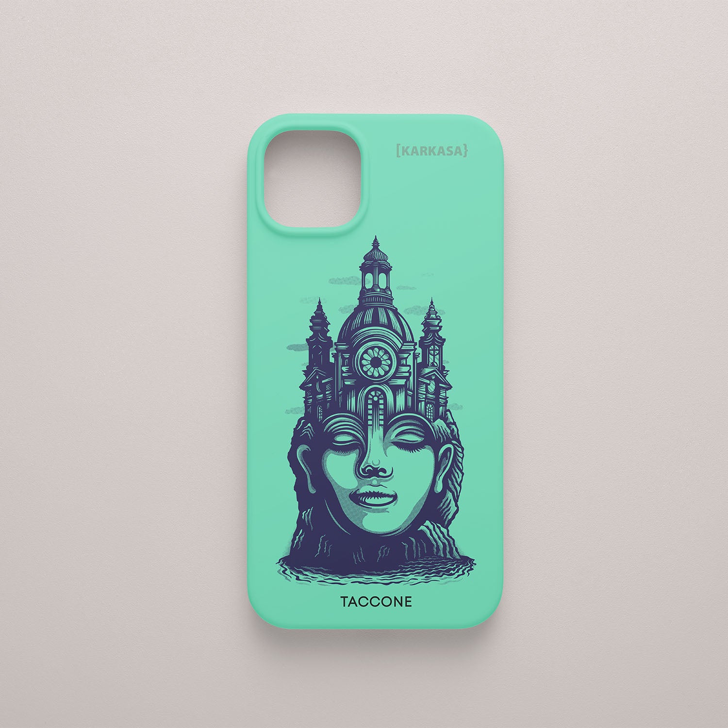 Funda KARKASA verde menta con ilustración surrealista de Gabriel Taccone: rostro de mujer sereno con una torre arquitectónica como corona.