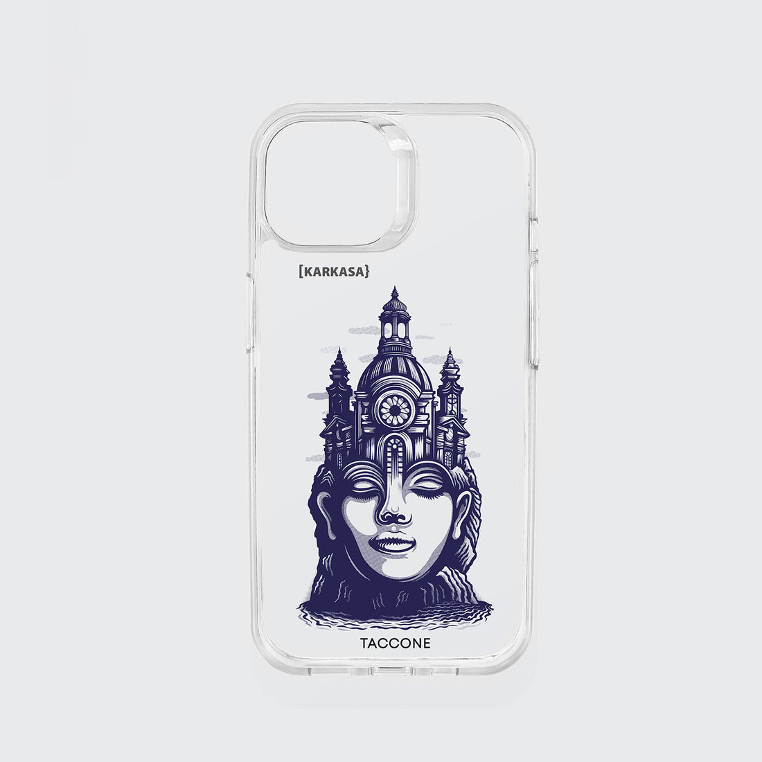 Funda KARKASA transparente antigolpes con ilustración surrealista de Gabriel Taccone: rostro de mujer sereno con una torre arquitectónica como corona.