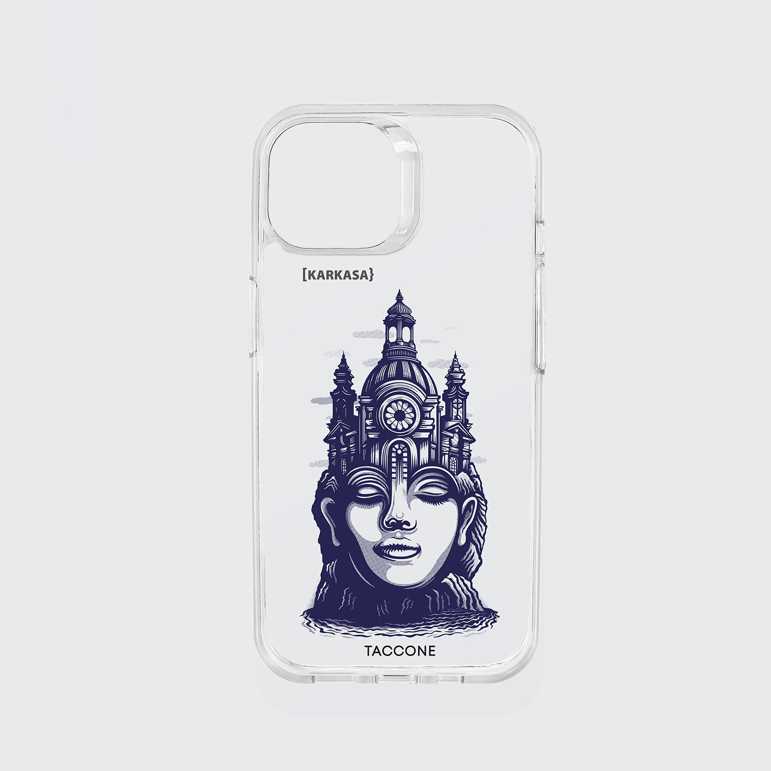 Funda KARKASA transparente antigolpes con ilustración surrealista de Gabriel Taccone: rostro de mujer sereno con una torre arquitectónica como corona.