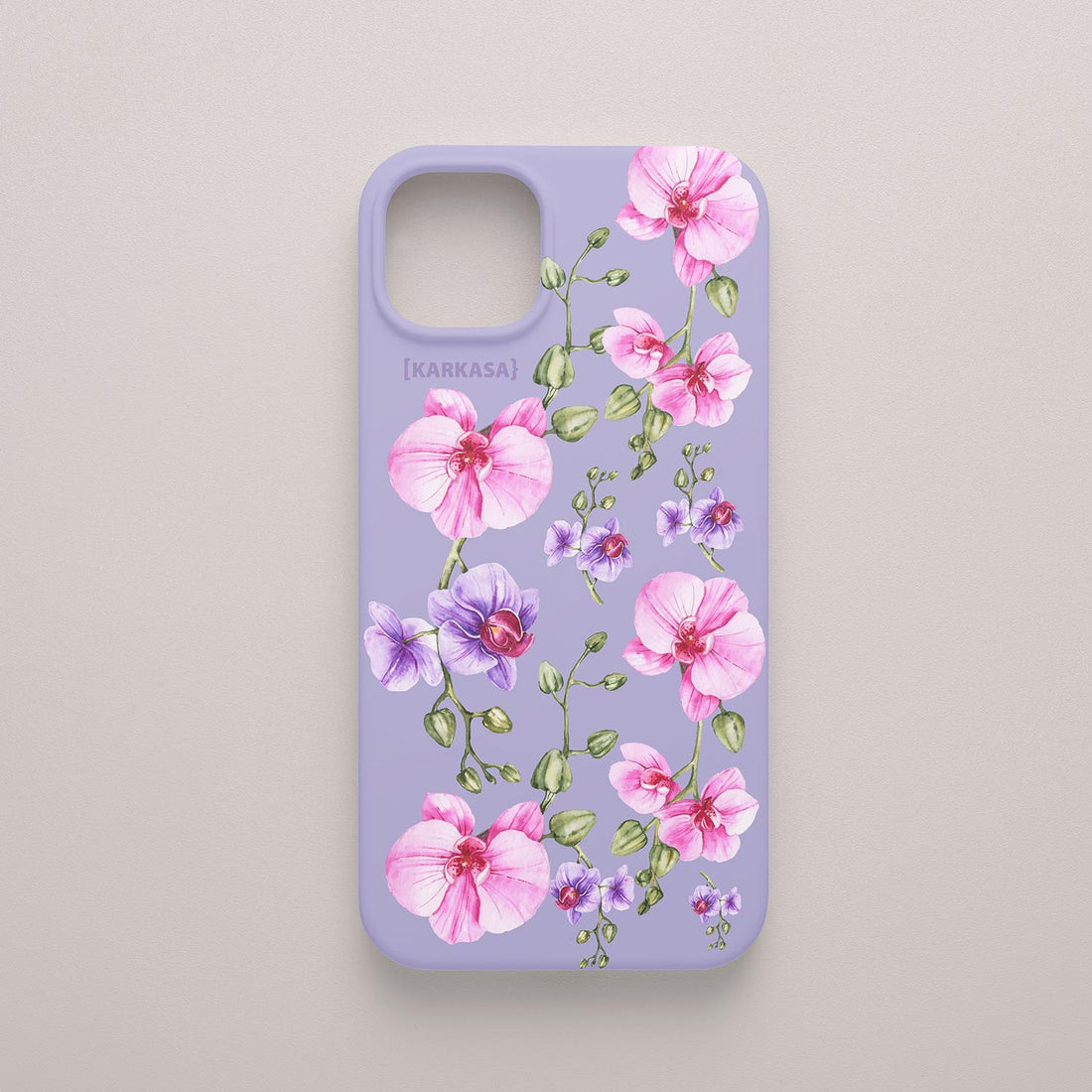 Funda KARKASA Silk Touch lila con pintura de orquídeas rosas y tallos verdes estilo acuarela. Carcasa floral artística.