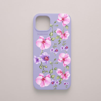 Funda KARKASA Silk Touch lila con pintura de orquídeas rosas y tallos verdes estilo acuarela. Carcasa floral artística.