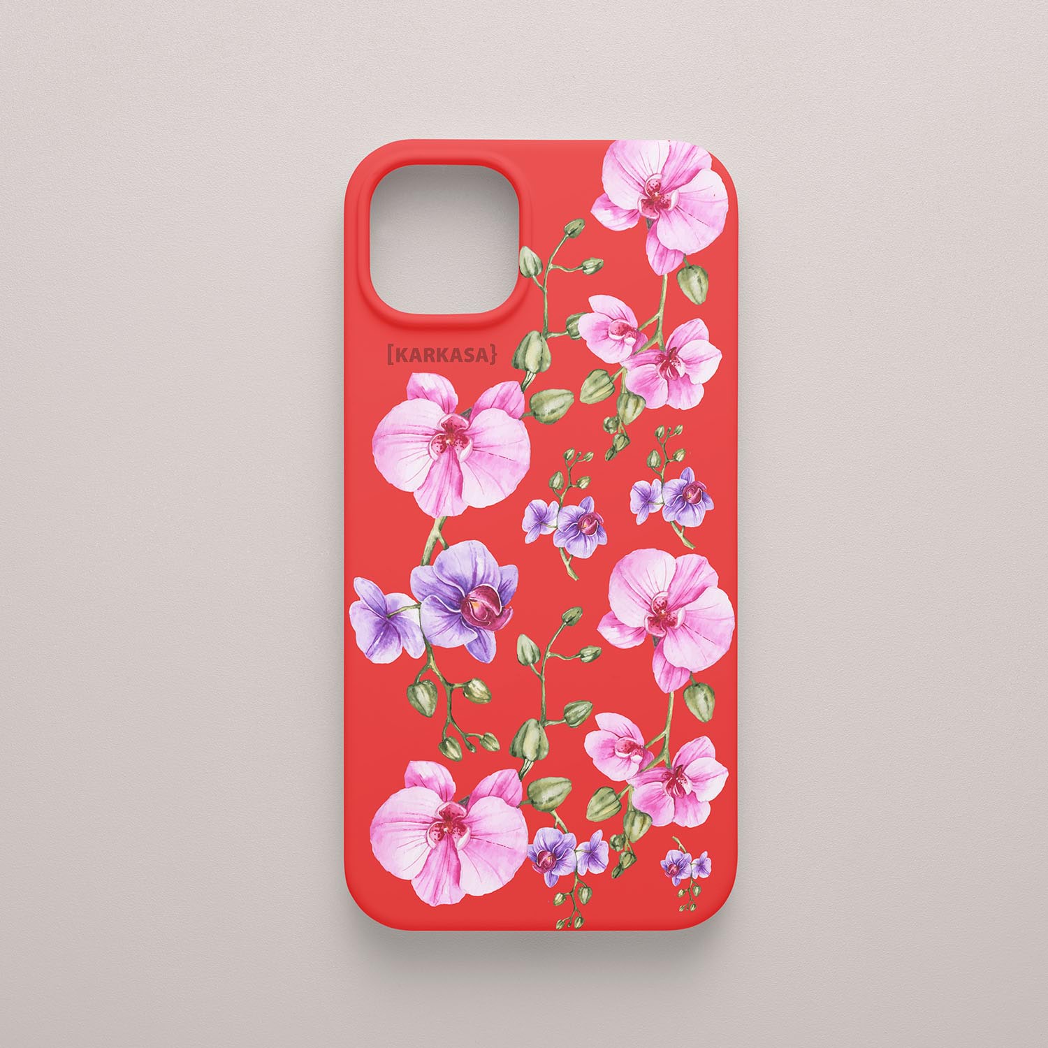 Funda KARKASA Silk Touch roja con pintura de orquídeas rosas y tallos verdes estilo acuarela. Carcasa floral artística.