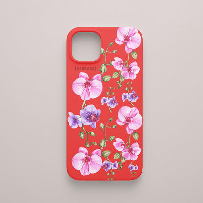 Funda KARKASA Silk Touch roja con pintura de orquídeas rosas y tallos verdes estilo acuarela. Carcasa floral artística.