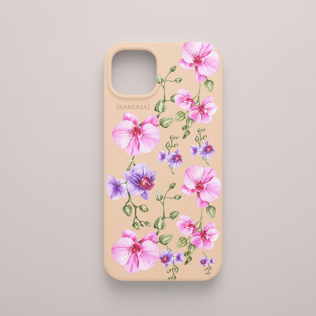 Funda KARKASA Silk Touch rosa nude con pintura de orquídeas rosas y tallos verdes estilo acuarela. Carcasa floral artística.