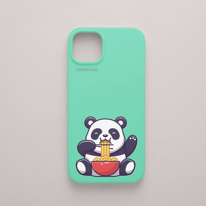 Funda KARKASA Silk Touch verde menta con ilustración kawaii de un oso panda comiendo un bol de ramen. Carcasa de estilo anime japonés.