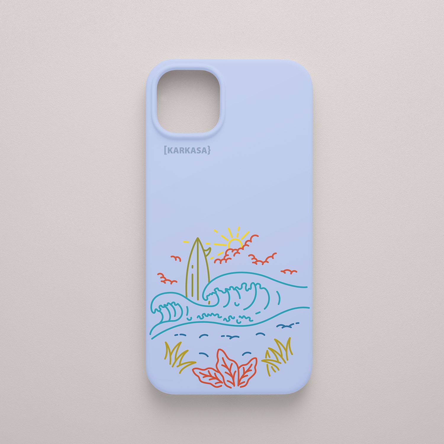 Funda KARKASA Silk Touch azul celeste con dibujo lineal de neón de una tabla de surf, olas y sol. Carcasa estilo veraniego y surfero.