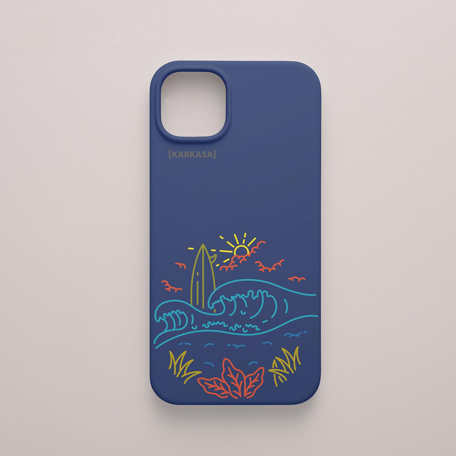 Funda KARKASA Silk Touch azul marina con dibujo lineal de neón de una tabla de surf, olas y sol. Carcasa estilo veraniego y surfero.