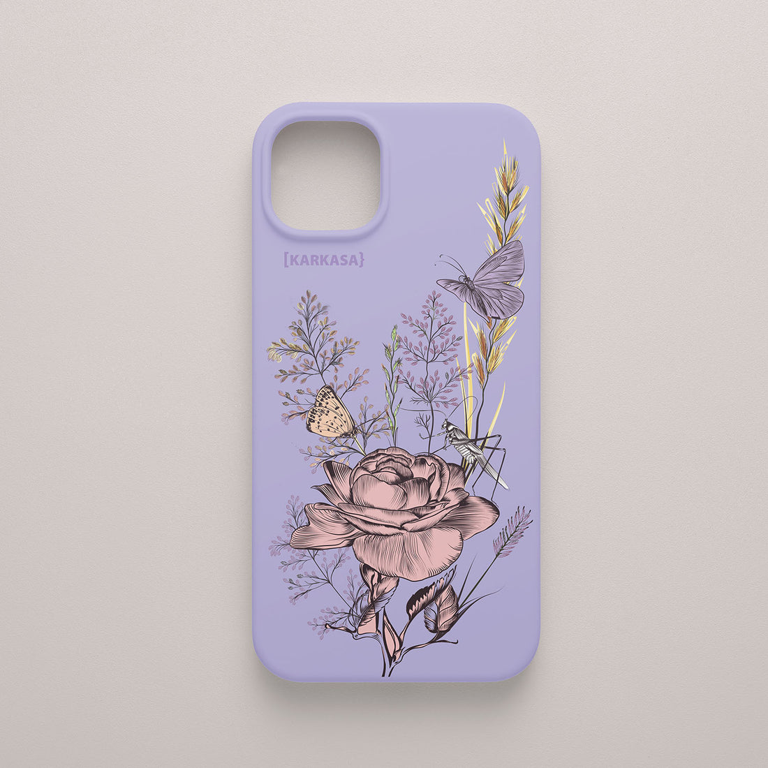 Funda KARKASA Silk Touch lila con ilustración estilo grabado de una rosa, una mariposa y un saltamontes. Carcasa diseño naturaleza vintage.