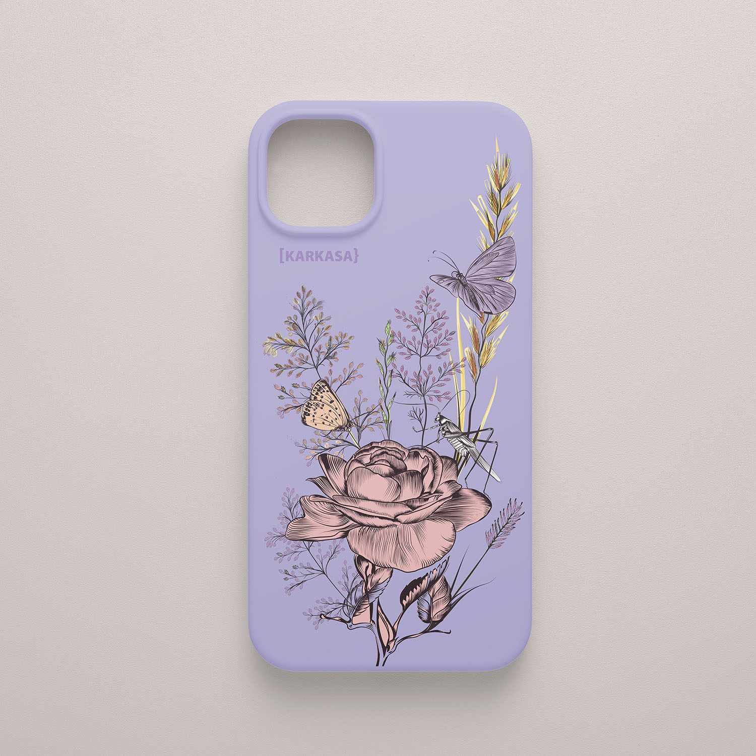 Funda KARKASA Silk Touch lila con ilustración estilo grabado de una rosa, una mariposa y un saltamontes. Carcasa diseño naturaleza vintage.