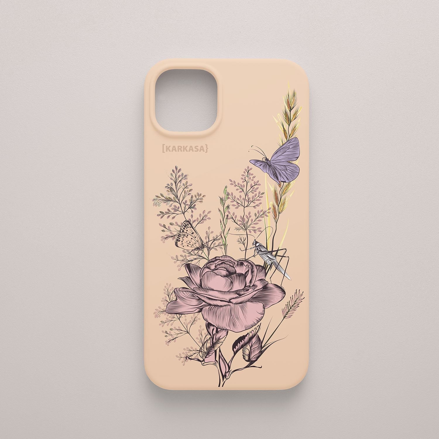 Funda KARKASA Silk Touch rosa nude con ilustración estilo grabado de una rosa, una mariposa y un saltamontes. Carcasa diseño naturaleza vintage.