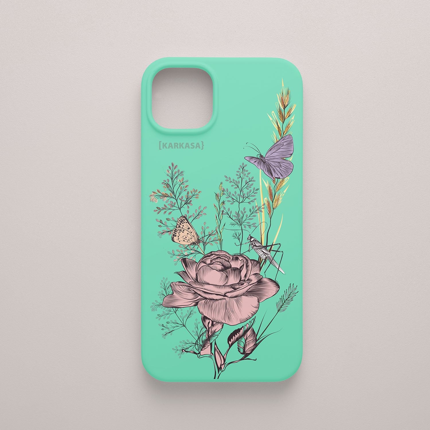 Funda KARKASA Silk Touch verde menta con ilustración estilo grabado de una rosa, una mariposa y un saltamontes. Carcasa diseño naturaleza vintage.
