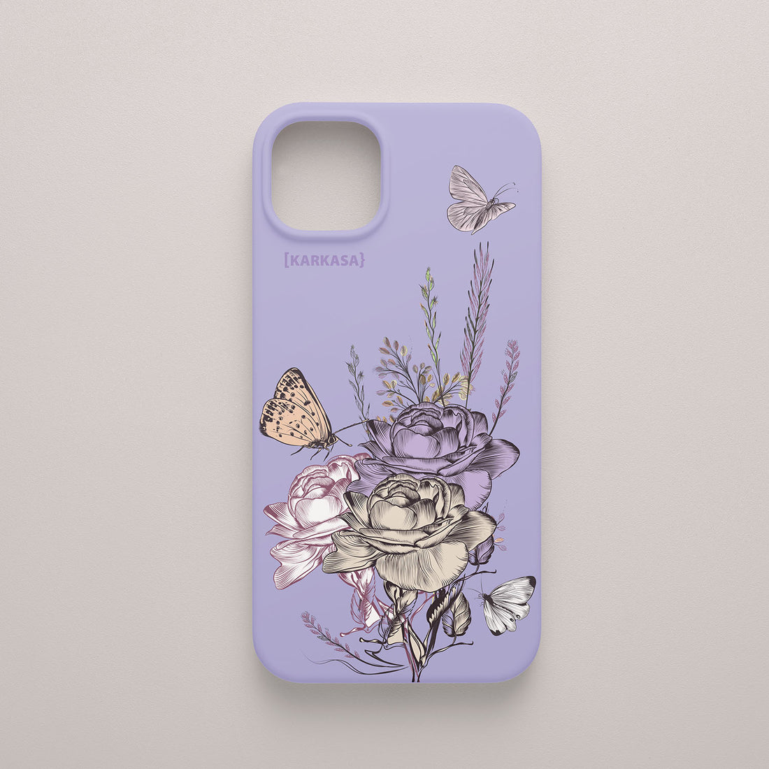 Funda KARKASA Silk Touch lila con ilustración estilo grabado antiguo de rosas y mariposas en tonos morados. Carcasa floral vintage