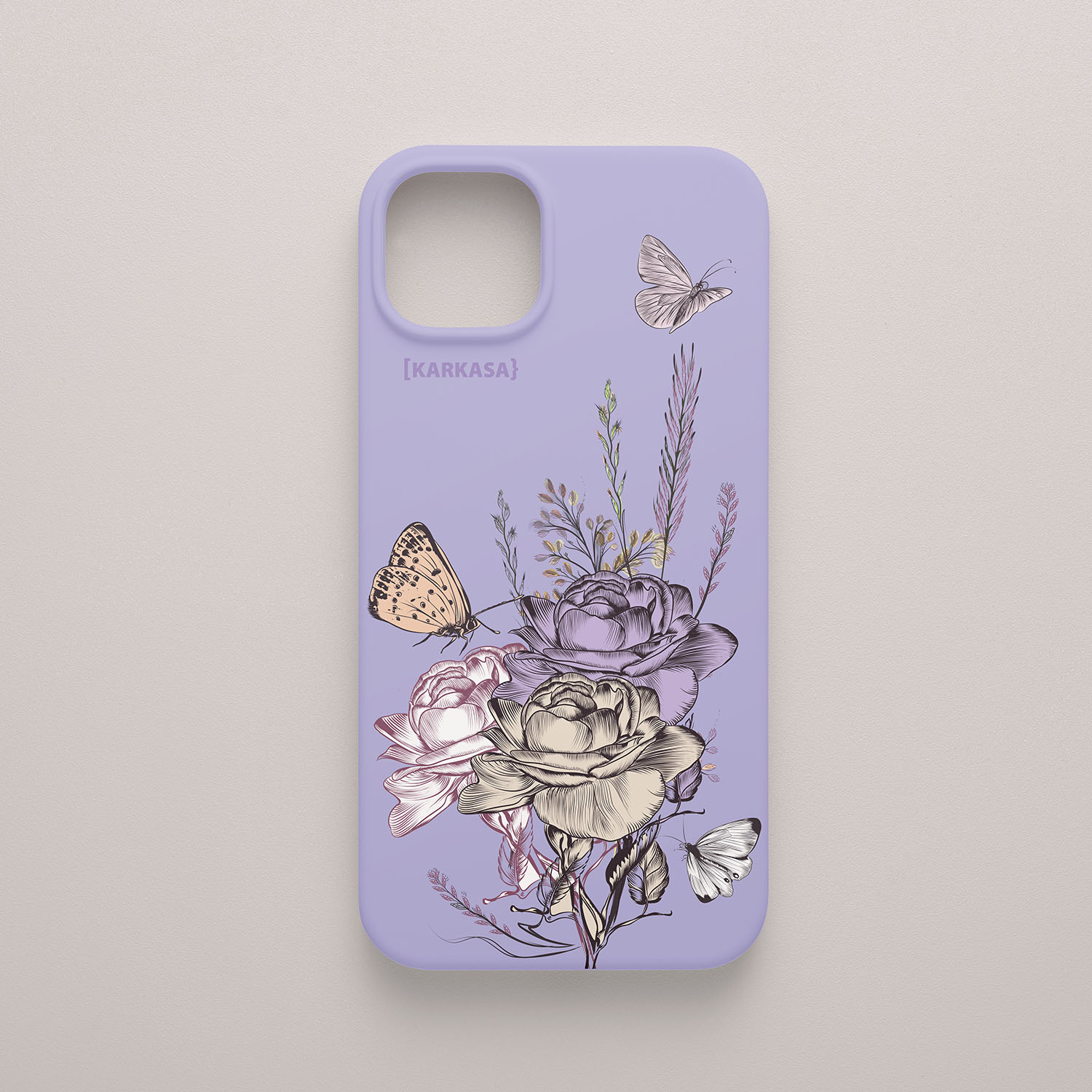 Funda KARKASA Silk Touch lila con ilustración estilo grabado antiguo de rosas y mariposas en tonos morados. Carcasa floral vintage