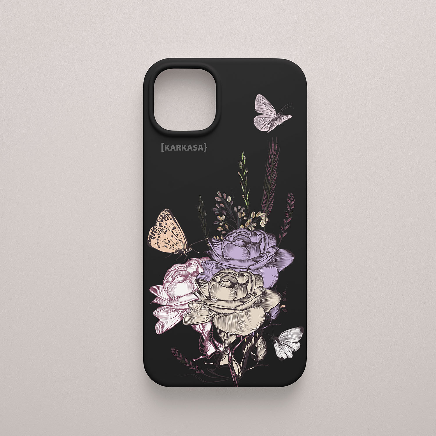 Funda KARKASA Silk Touch negra con ilustración estilo grabado antiguo de rosas y mariposas en tonos morados. Carcasa floral vintage