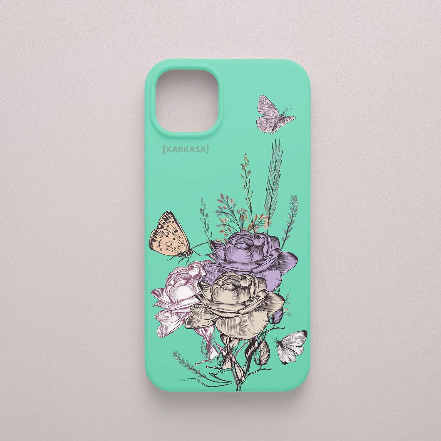 Funda KARKASA Silk Touch verde menta con ilustración estilo grabado antiguo de rosas y mariposas en tonos morados. Carcasa floral vintage