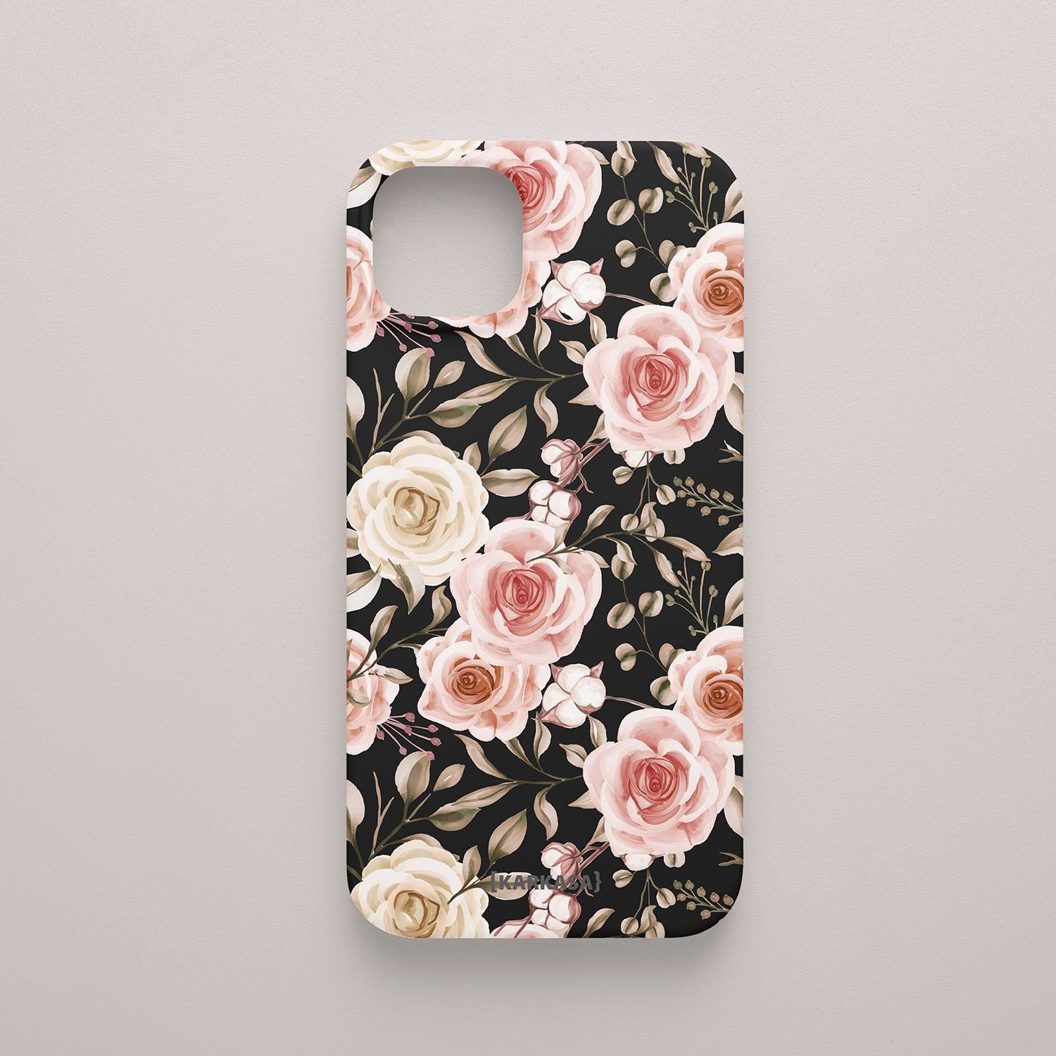 Funda KARKASA Silk Touch negra con diseño Vintage Roses de flores suaves. Carcasa protectora de silicona mate para smartphone.