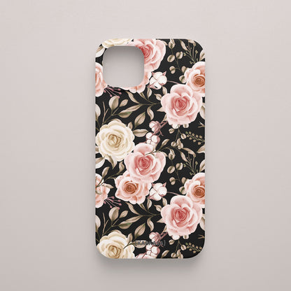 Funda KARKASA Silk Touch negra con diseño Vintage Roses de flores suaves. Carcasa protectora de silicona mate para smartphone.