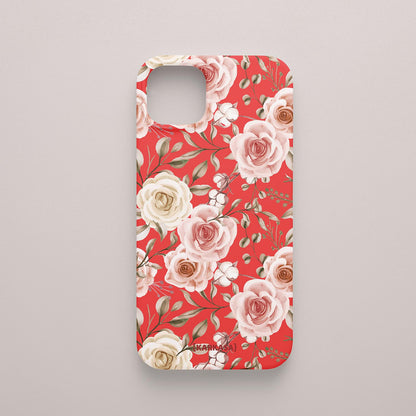 Funda KARKASA Silk Touch roja con diseño Vintage Roses de flores suaves. Carcasa protectora de silicona mate para smartphone.