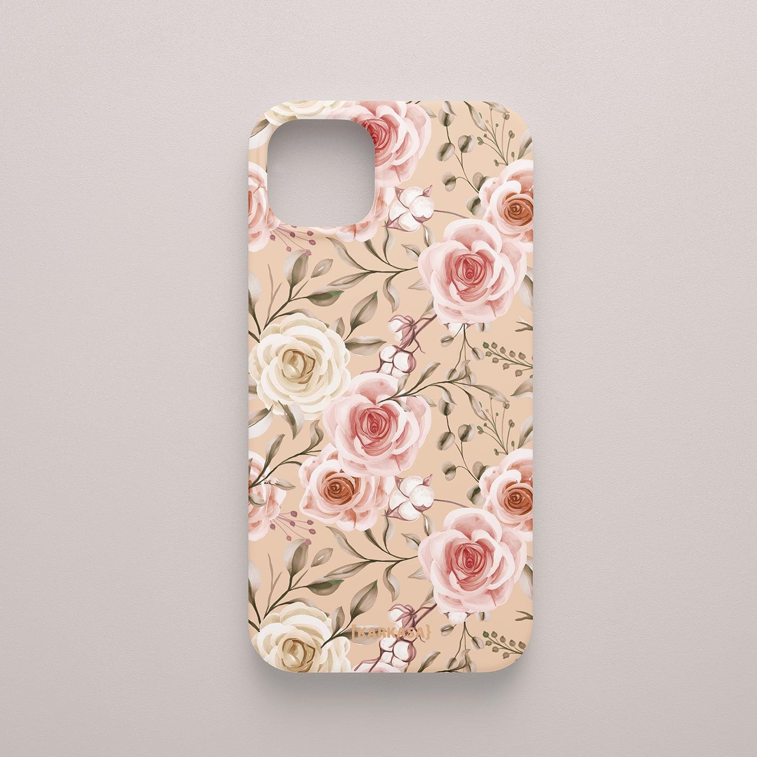 Funda KARKASA Silk Touch rosa nude con diseño Vintage Roses de flores suaves. Carcasa protectora de silicona mate para smartphone.