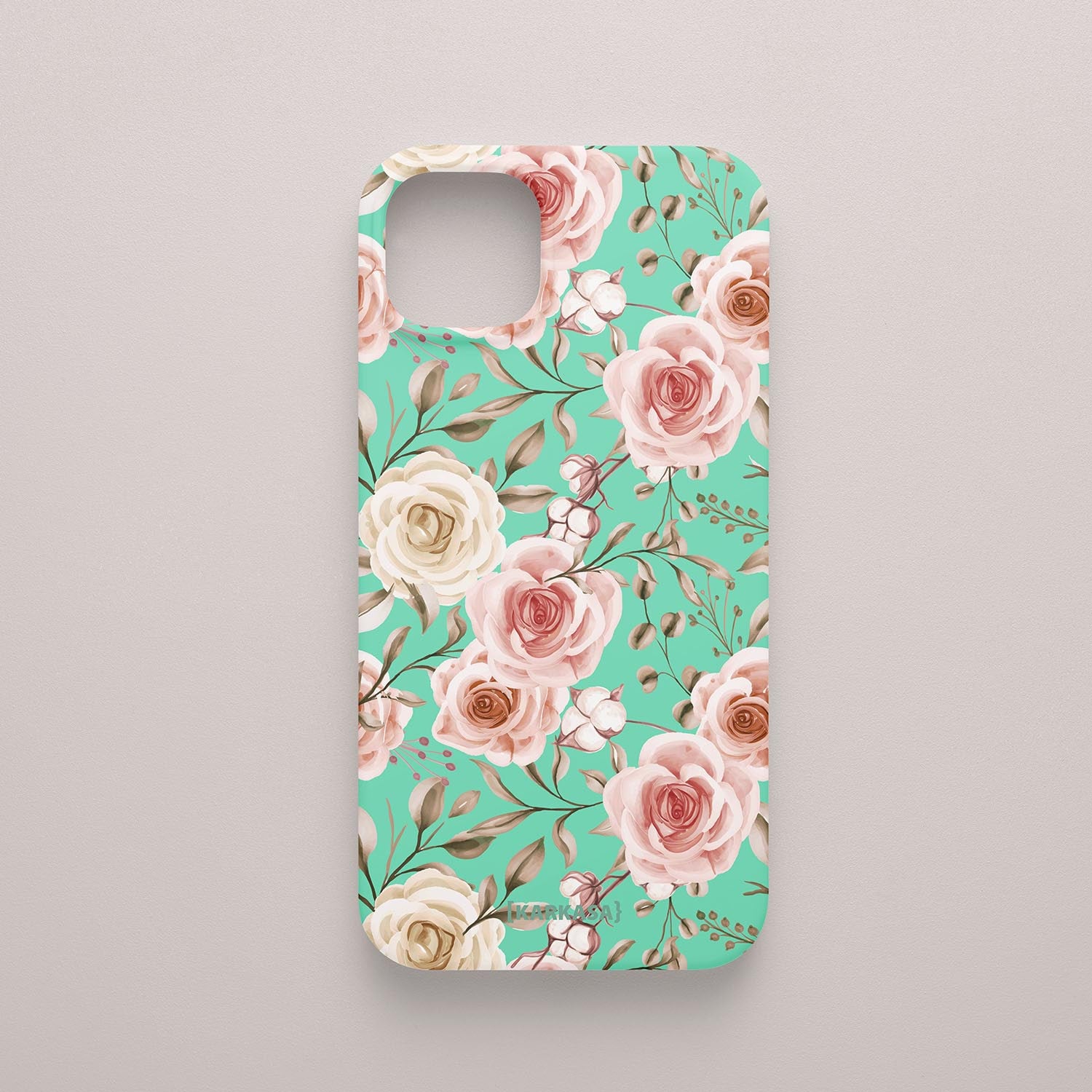 Funda KARKASA Silk Touch verde menta con diseño Vintage Roses de flores suaves. Carcasa protectora de silicona mate para smartphone.