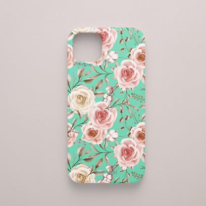 Funda KARKASA Silk Touch verde menta con diseño Vintage Roses de flores suaves. Carcasa protectora de silicona mate para smartphone.