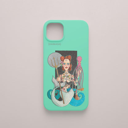 Funda KARKASA verde menta con ilustración del artista Daniel Buitrón: sirena tatuada sosteniendo un tridente y rodeada por un pulpo.