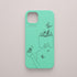 Funda de móvil KARKASA con ilustración lineal negra de una figura leyendo con flores y mariposas, en silicona mate Silk Touch verde menta.
