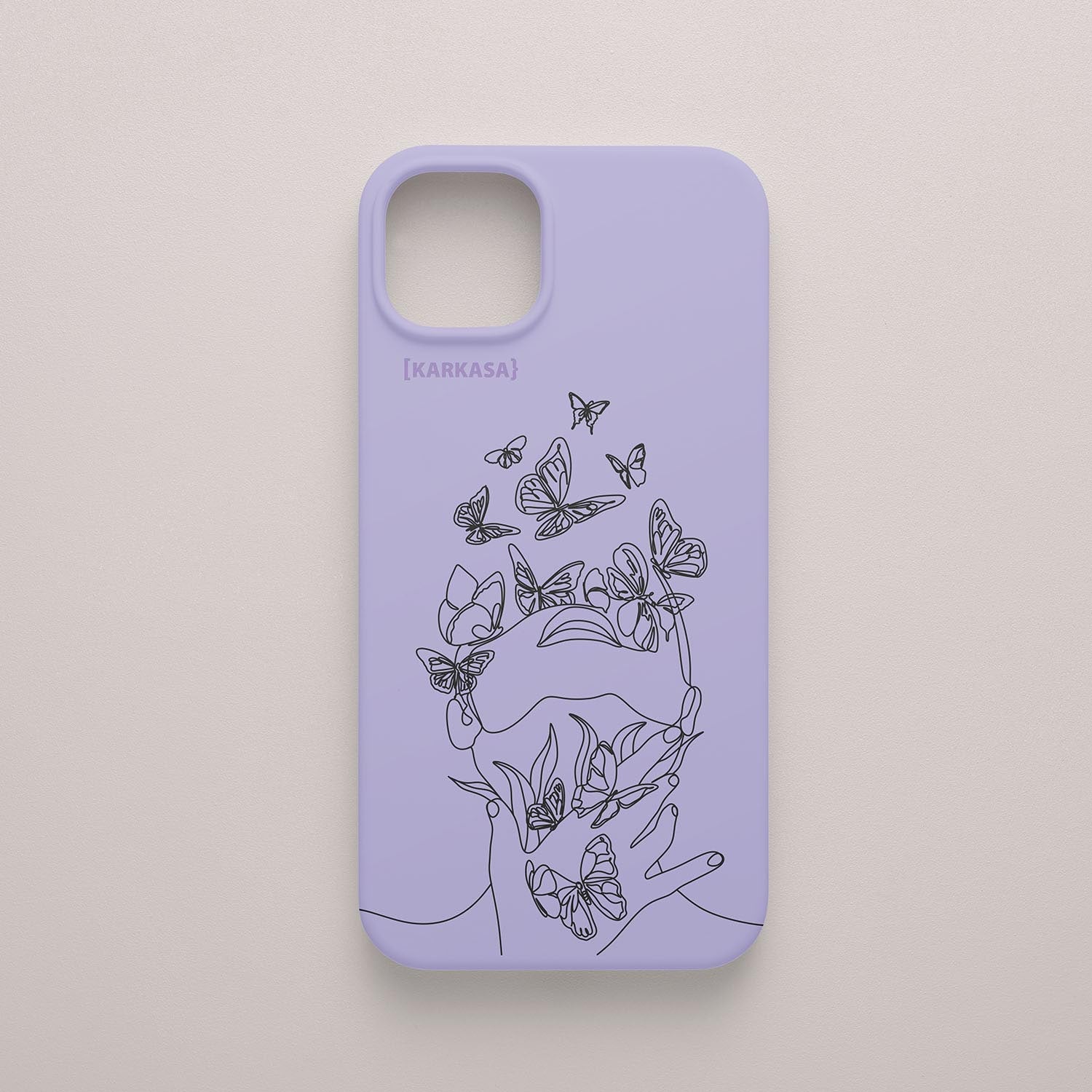 Funda de móvil KARKASA con diseño lineal negro de silueta de mujer y mariposas, en silicona mate Silk Touch lila.