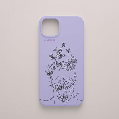 Funda de móvil KARKASA con diseño lineal negro de silueta de mujer y mariposas, en silicona mate Silk Touch lila.