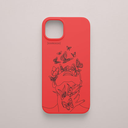Funda de móvil KARKASA con diseño lineal negro de silueta de mujer y mariposas, en silicona mate Silk Touch roja.